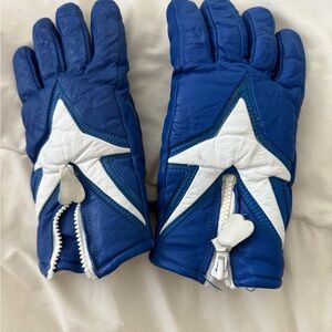 Vintage Blue and White Star Leather Ski Gloves